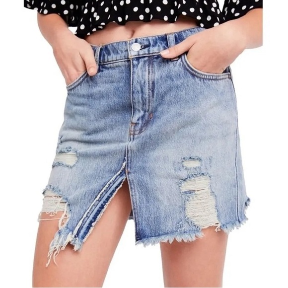 Free People| Split Hem Denim Mini Skirt - Picture 3 of 4